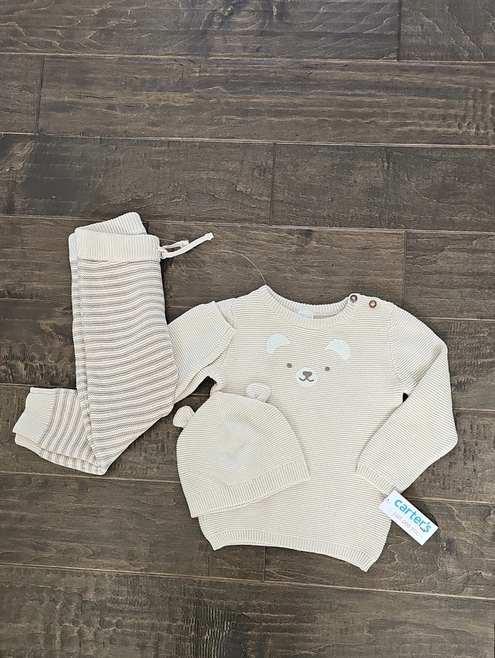 Brand New Carter's Cream Knit Bear Sweater, Striped Pant & Hat Set - Unisex 18mo